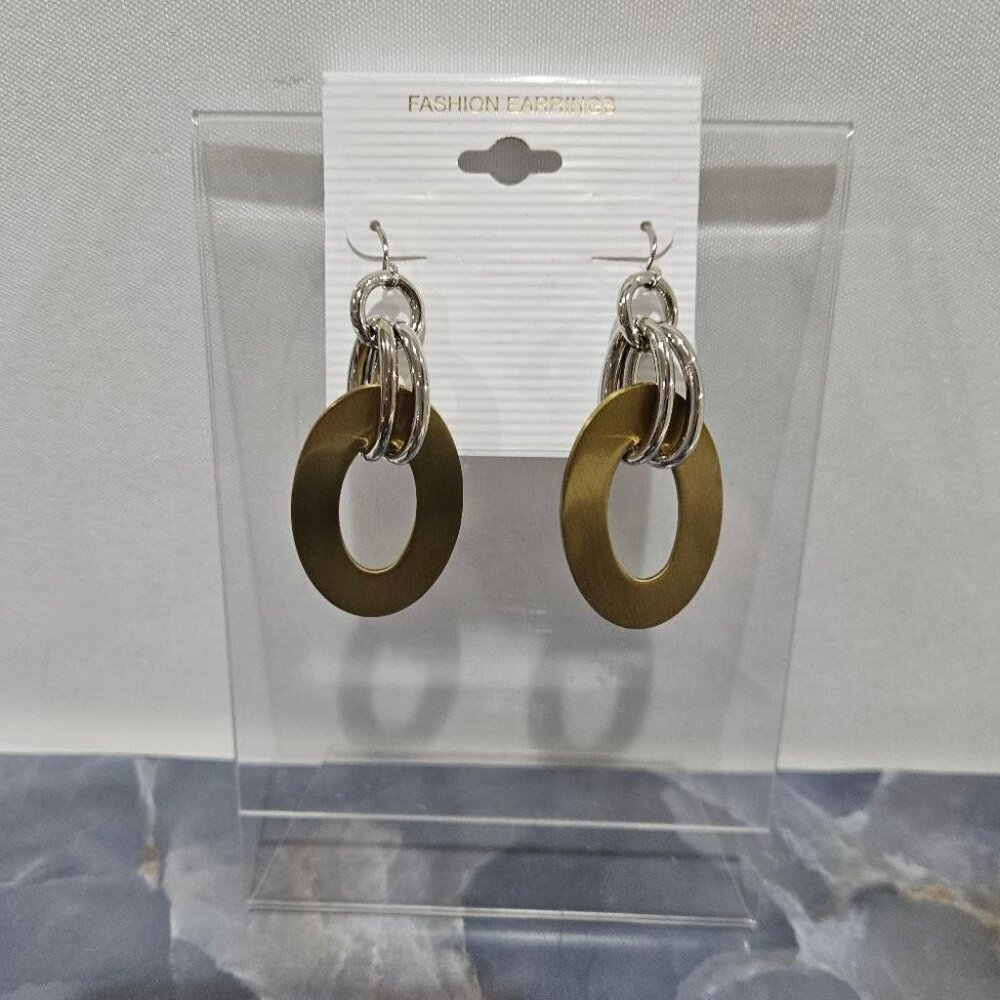 New BRASS OPEN OVAL W SILVER KNOT DROP PIERCED FASHION EARRINGS ART TO WEAR